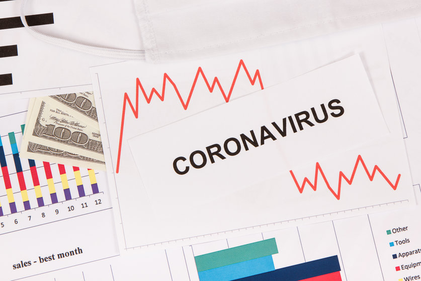 Inscription coronavirus, currencies dollars and downward graphs representing financial crisis caused by Covid-19. Risk of global recession around world
