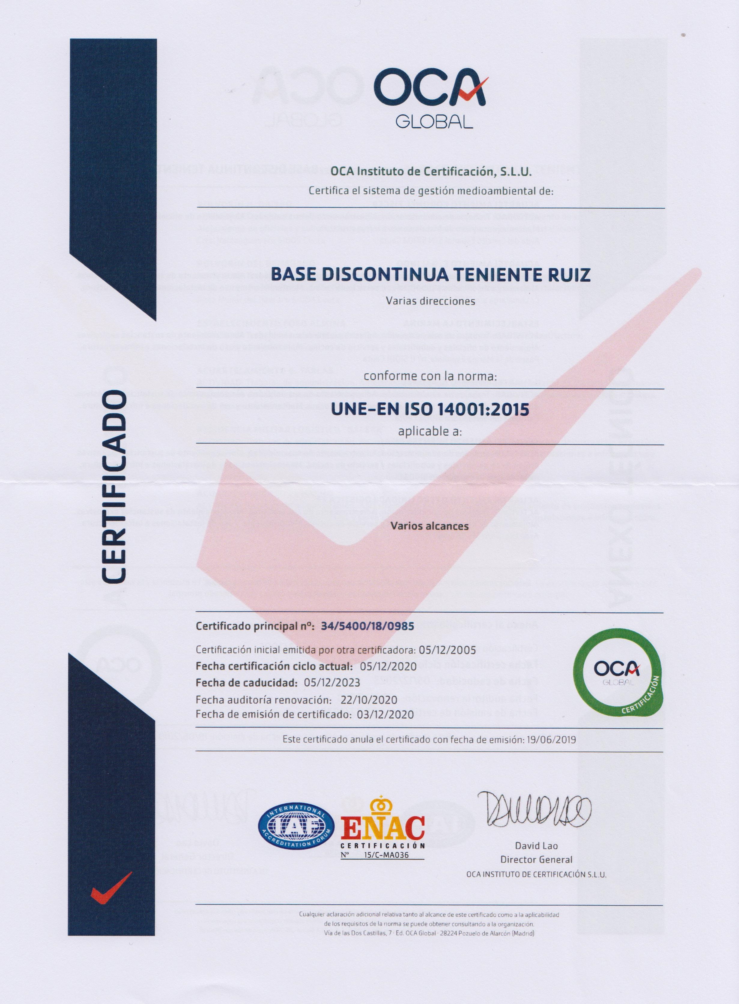 Certificado Medioambiental Base Teniente Ruiz